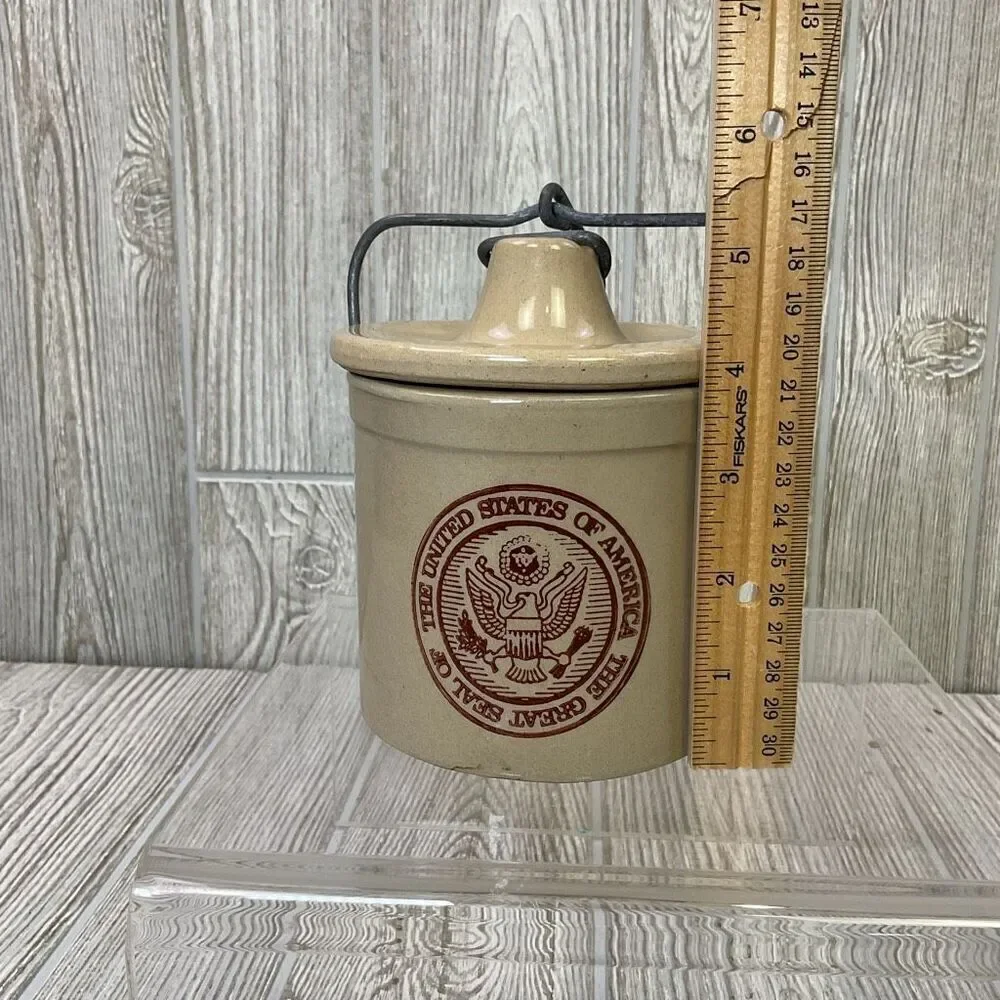 Vintage Crock With Wire Bale Lid Cannister Imprinted Great Seal of the USA